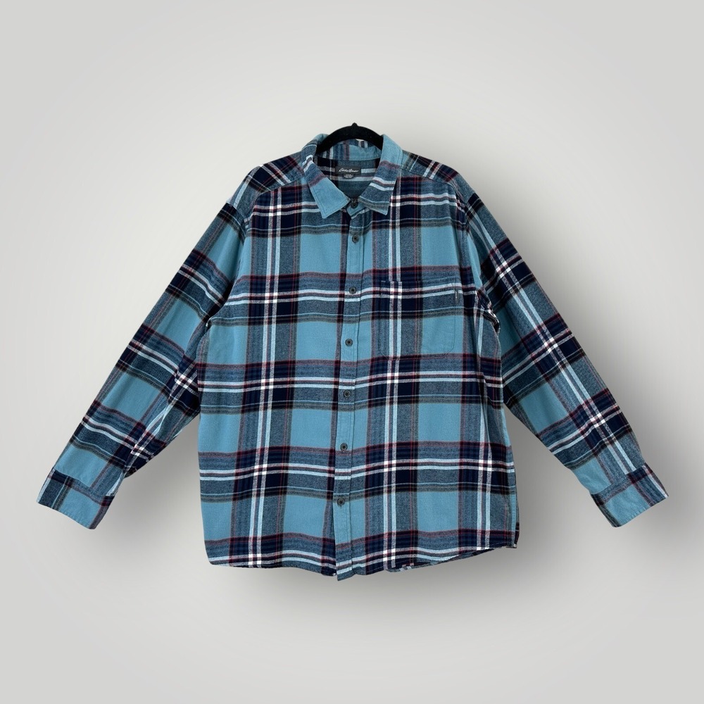 Eddie Bauer Flannel Shirt Mens 2XL Relaxed Fit Button Blue Plaid Long Sleeve